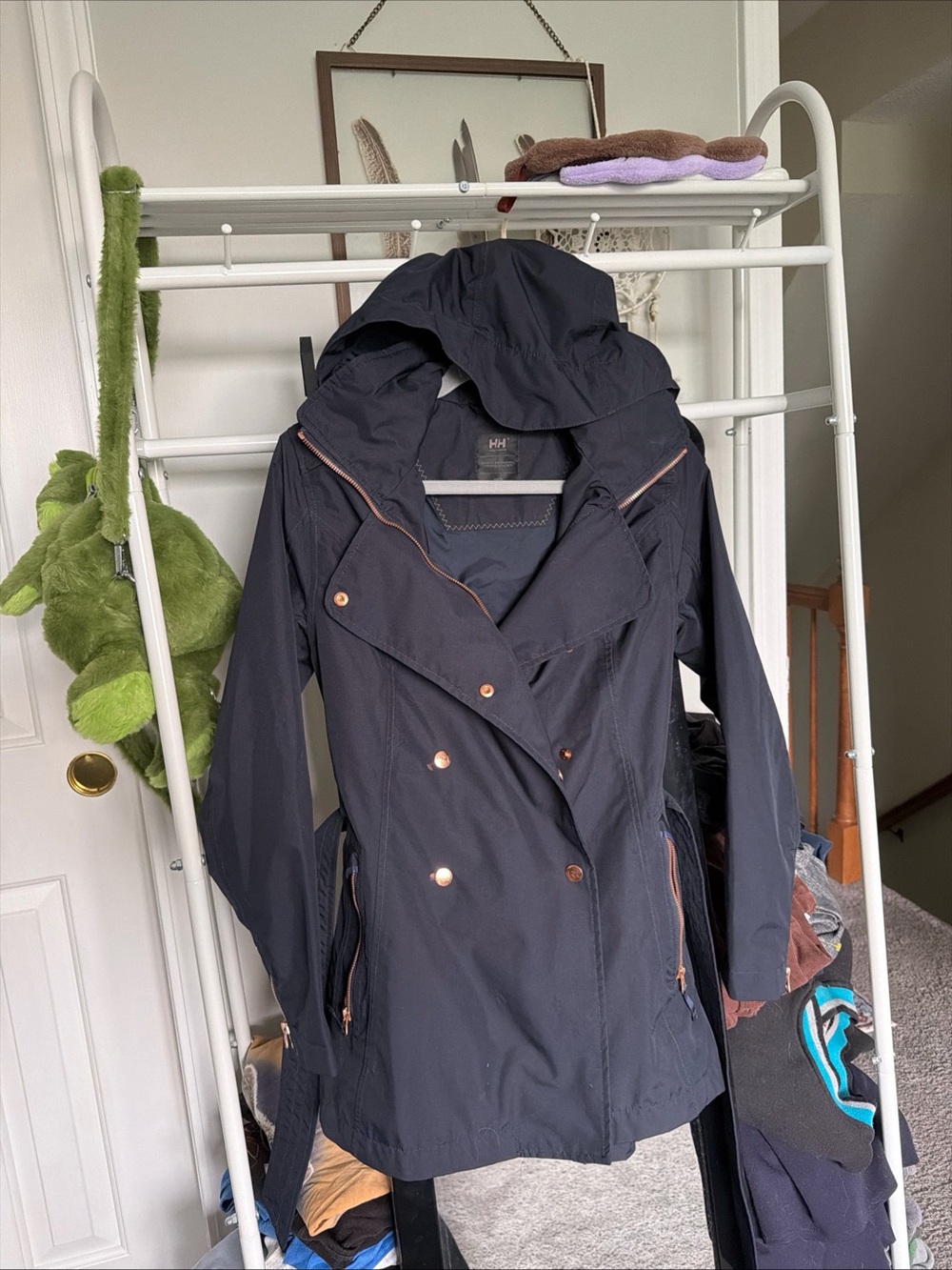 Xs Helly Hansen welsey II Navy Hooded rain Coat with Rose Gold Hardware